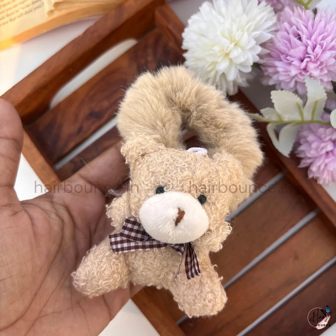 Cute 3D Teddy Bear Fluffy Hair Scrunchie with Checkered Bow