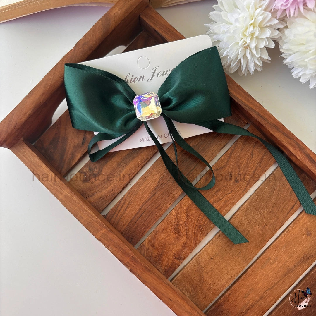 Luxe Satin Bow Clip with Crystal Charm