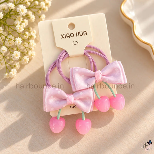 Pink Polka Dot Cherry Bow Hair Rubber Bands – Pack of 2