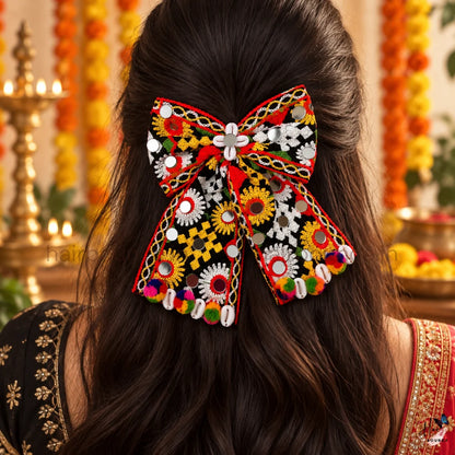 Navaratri Black Mirror Work Embroidered Hair Bow with Cowrie Shells