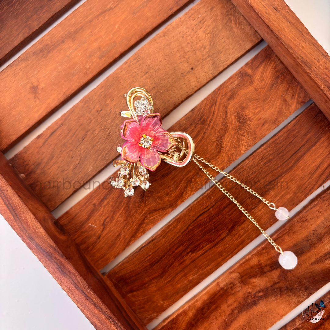 Crystal Floral Dangling Hair Claw - Medium