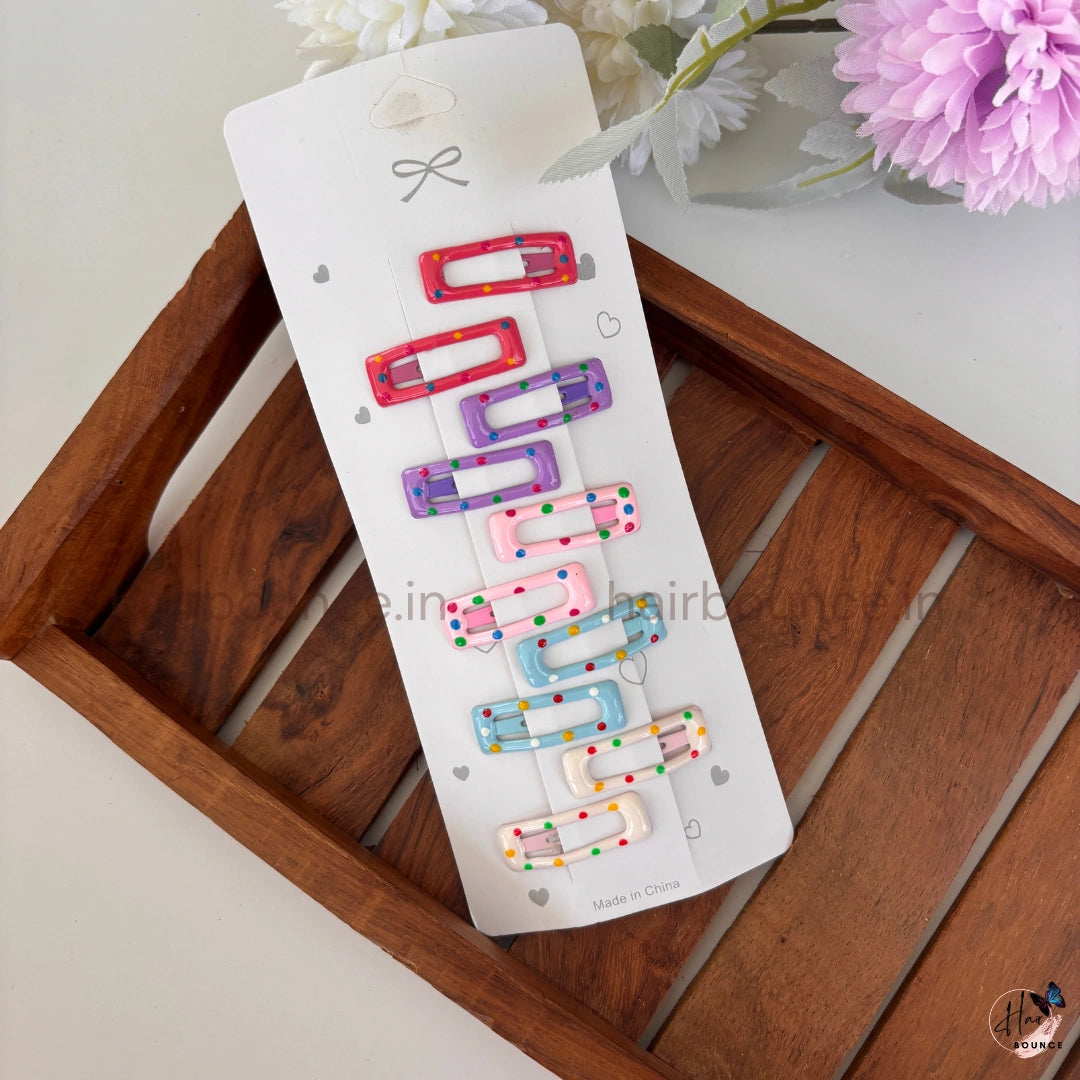 Candy Dot Rectangle Hair Clips – Colorful Polka Matte Snap Pins (Pack of 10) for Girls & Kids
