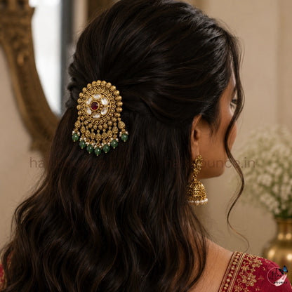 Royal Kundan Jada Billa with Green Beads & Pearl Hangings
