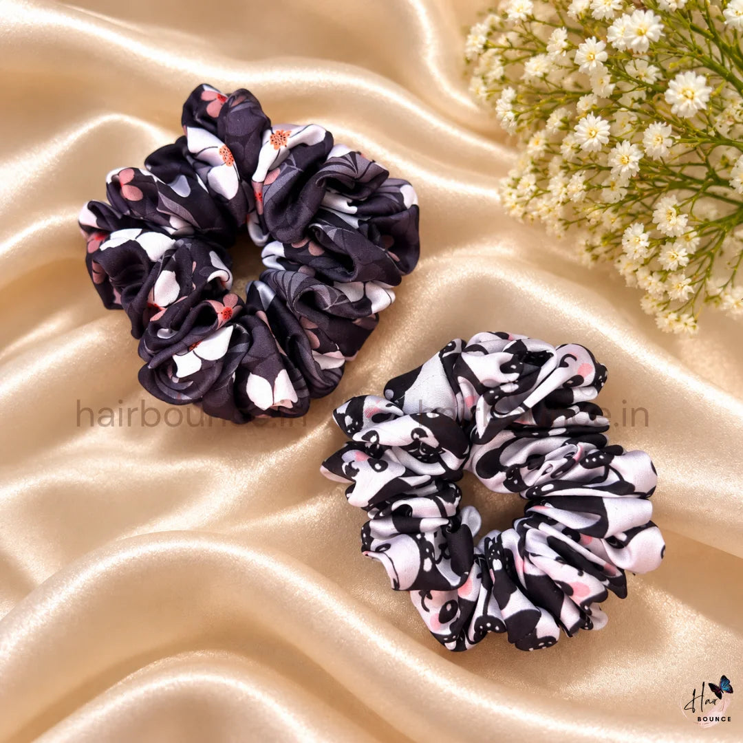Cute Panda & Floral Satin Scrunchies – Pack of 2 - Small