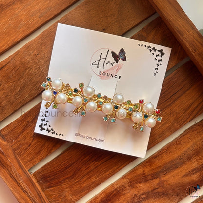 Royal Pearl Bloom Center Hair Clip – Gold with Multicolor Stones