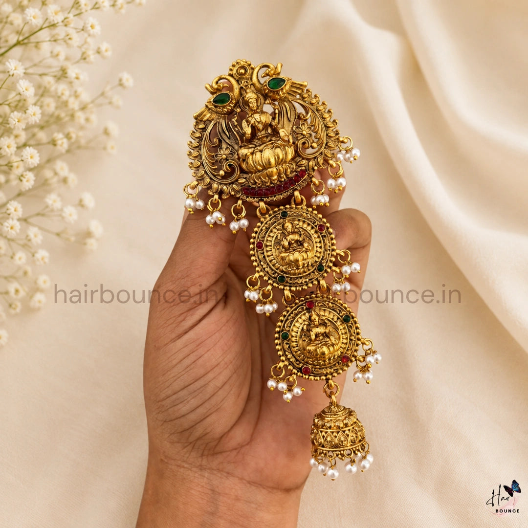 Lakshmi Peacock Temple Jada Billa with Pearl & Jhumka Hangings