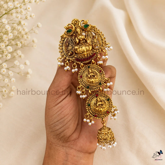 Lakshmi Peacock Temple Jada Billa with Pearl & Jhumka Hangings