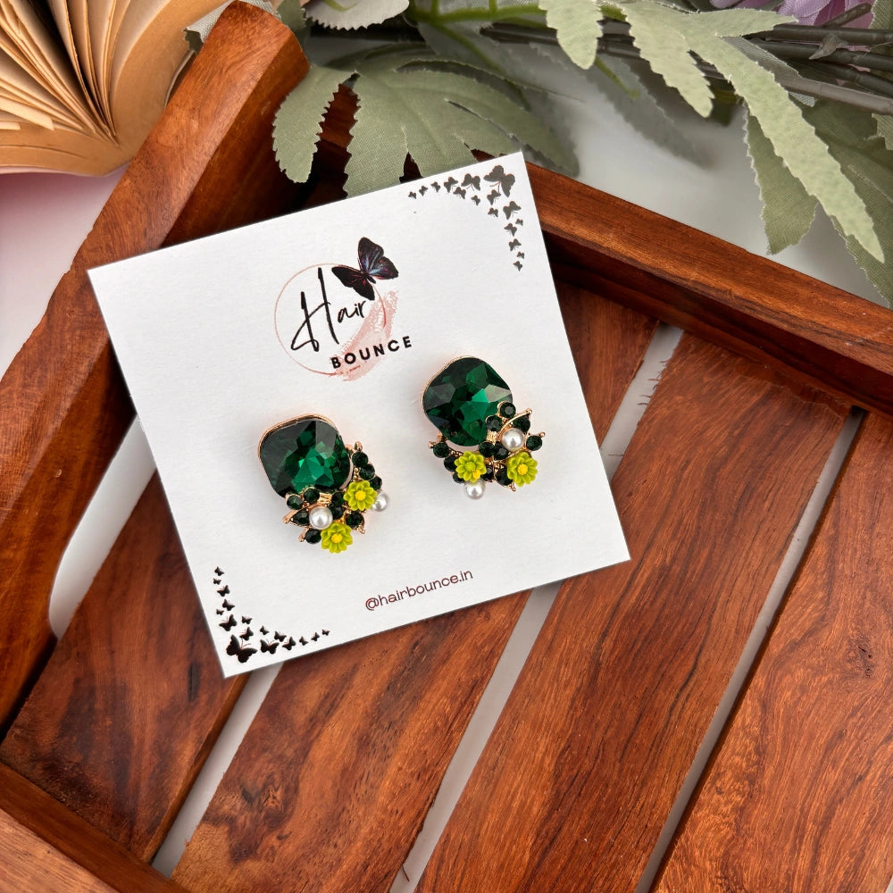 Amber Bloom Crystal Studs - Green