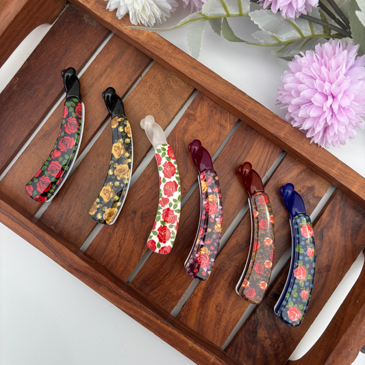 Rose Printed Lock Banana Clip - Medium