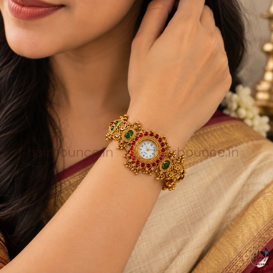 Antique Gold Kemp Red & Green Stone Temple Jewellery Watch