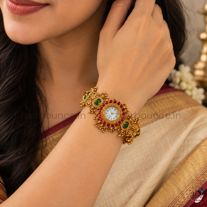 Antique Gold Kemp Red & Green Stone Temple Jewellery Watch