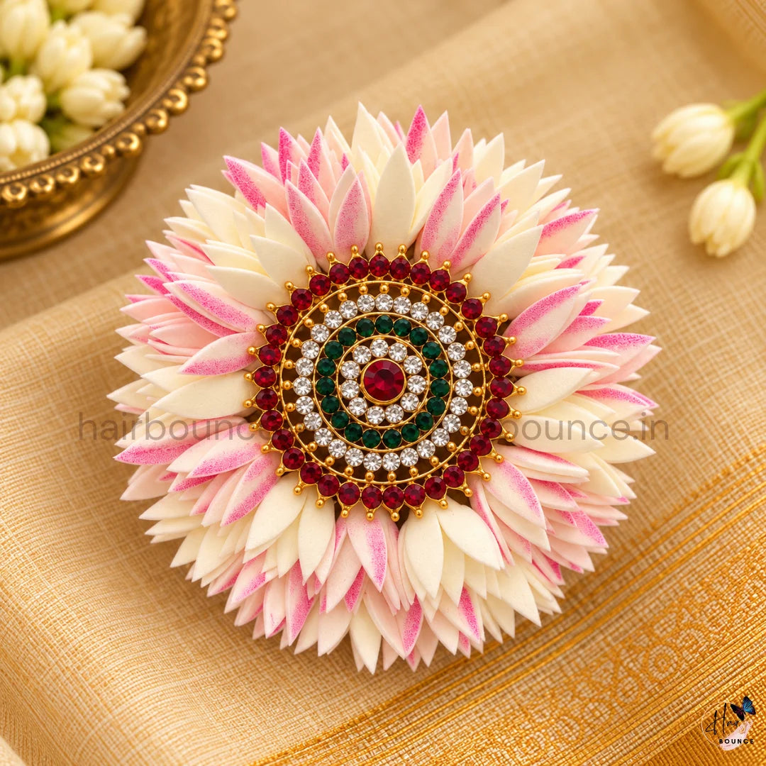 Traditional Pitchi & Jaathi Poo Kemp Stone Floral Center Hair Clip