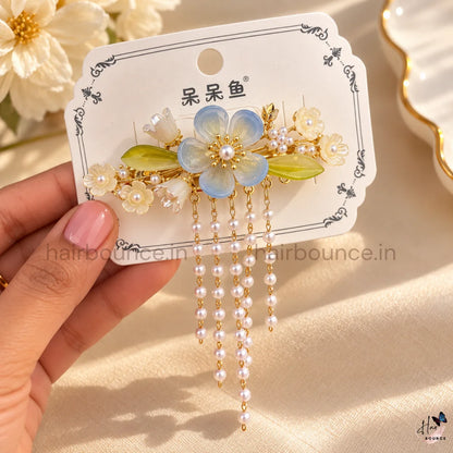 Enchanted Bloom Floral Hair Clip with Pearl Hangings