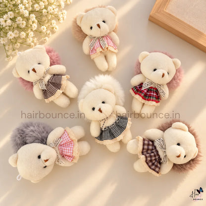 Cute Teddy Bear Doll Fluffy Hair Scrunchie with Checkered Dress