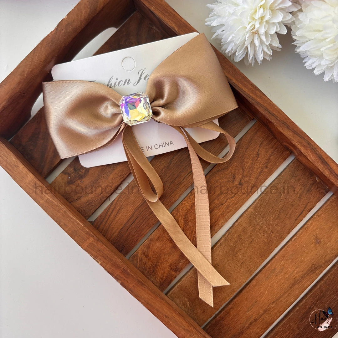 Luxe Satin Bow Clip with Crystal Charm
