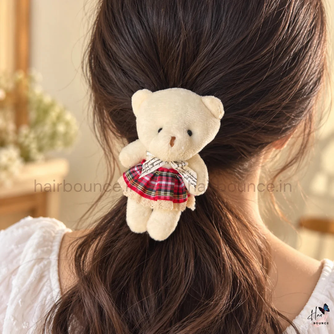 Cute Teddy Bear Doll Fluffy Hair Scrunchie with Checkered Dress
