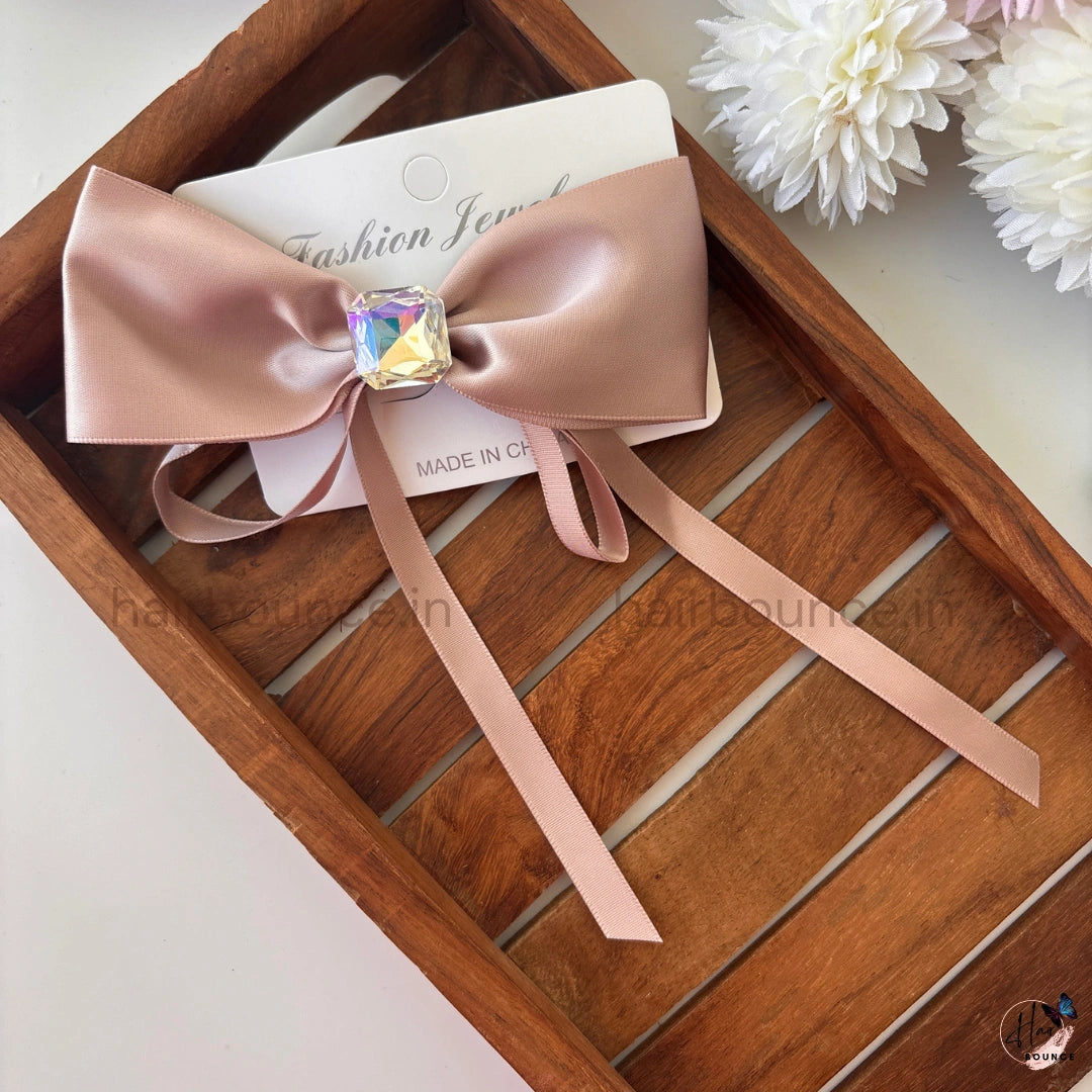 Luxe Satin Bow Clip with Crystal Charm