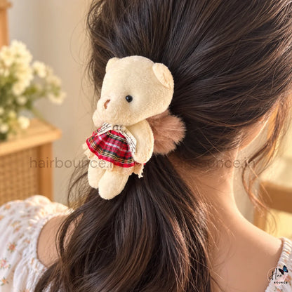 Cute Teddy Bear Doll Fluffy Hair Scrunchie with Checkered Dress