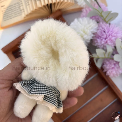 Cute Teddy Bear Doll Fluffy Hair Scrunchie with Checkered Dress