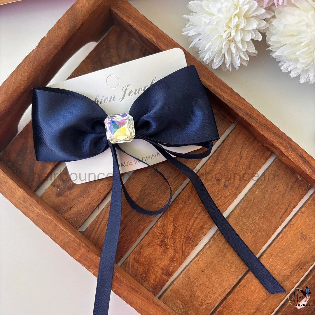 Luxe Satin Bow Clip with Crystal Charm