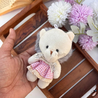 Cute Teddy Bear Doll Fluffy Hair Scrunchie with Checkered Dress