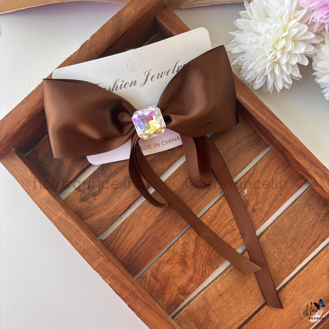 Luxe Satin Bow Clip with Crystal Charm
