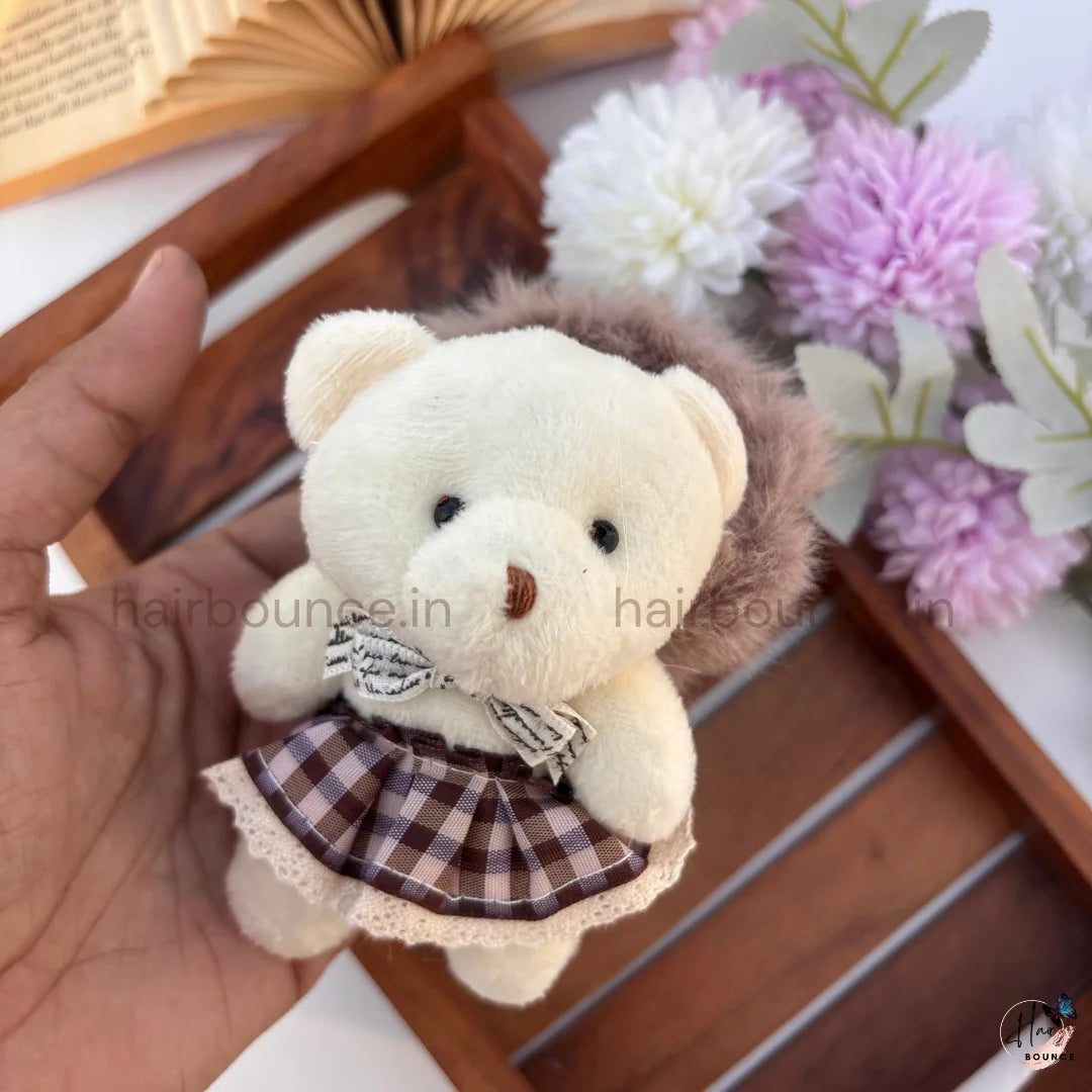 Cute Teddy Bear Doll Fluffy Hair Scrunchie with Checkered Dress
