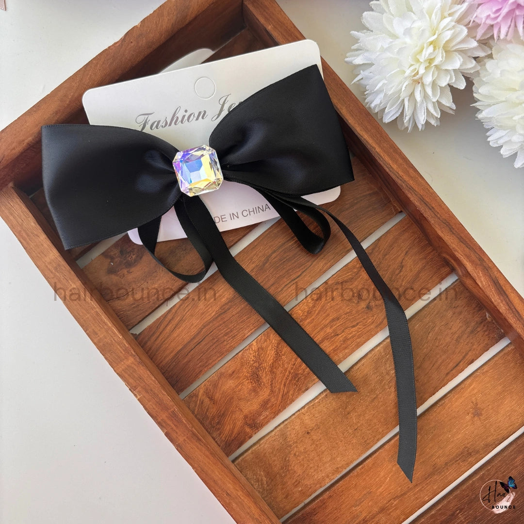 Luxe Satin Bow Clip with Crystal Charm