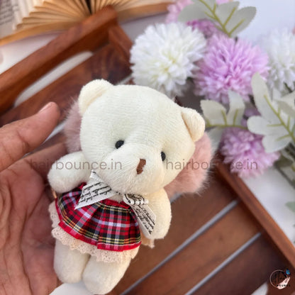 Cute Teddy Bear Doll Fluffy Hair Scrunchie with Checkered Dress