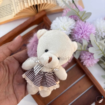 Cute Teddy Bear Doll Fluffy Hair Scrunchie with Checkered Dress