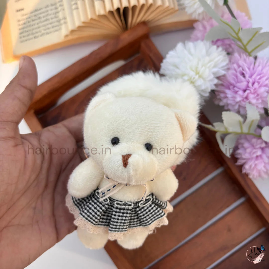 Cute Teddy Bear Doll Fluffy Hair Scrunchie with Checkered Dress