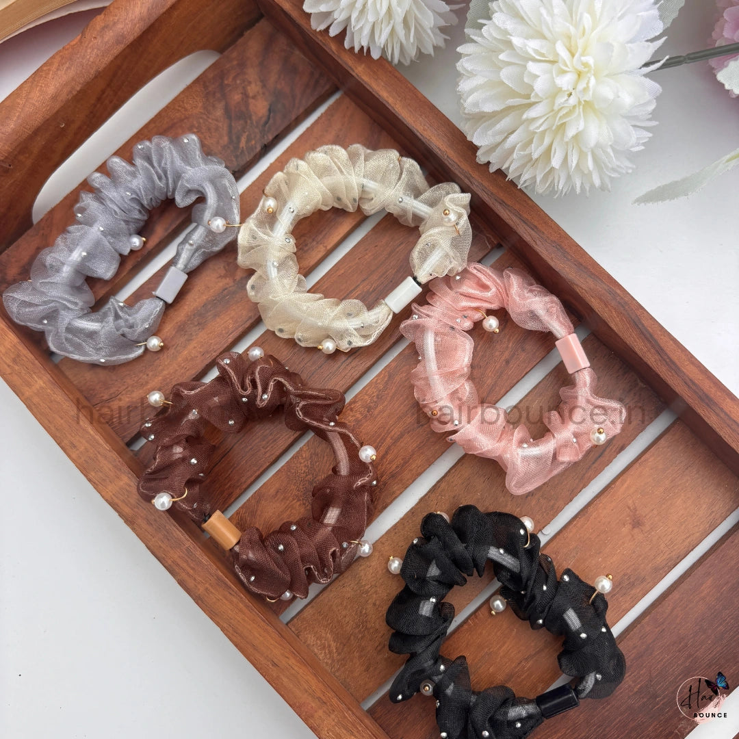 Pearl Organza Hair Scrunchies for Women & Girls