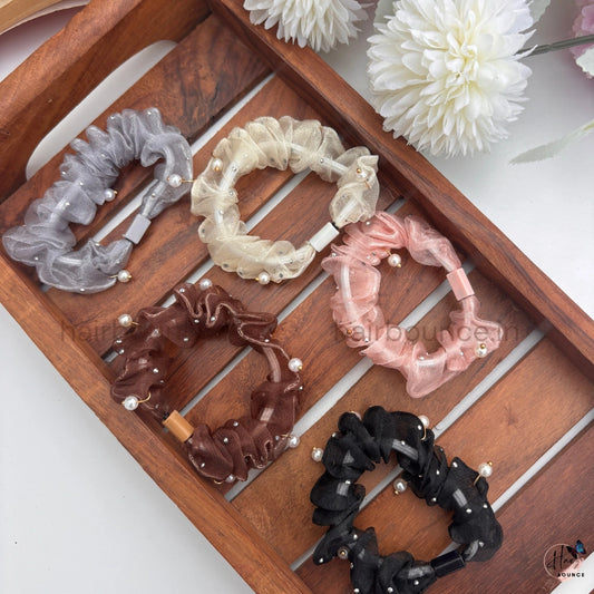 Pearl Organza Hair Scrunchies for Women & Girls