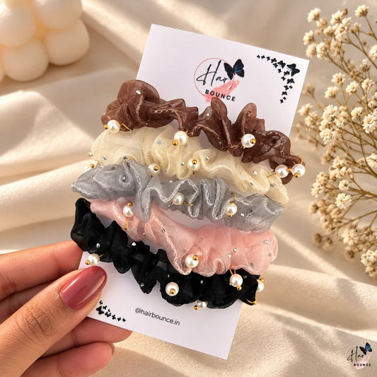 Pearl Organza Hair Scrunchies for Women & Girls