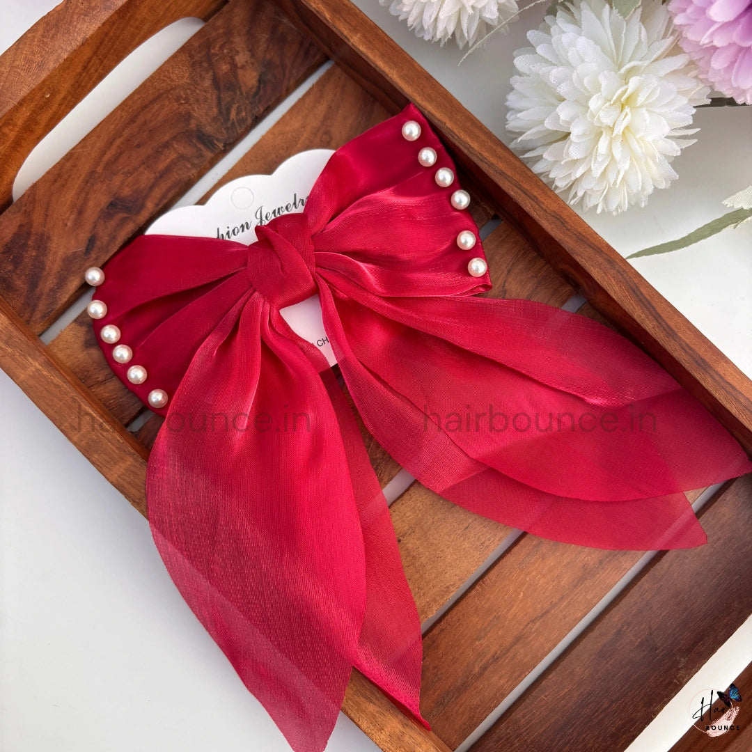 Pearl Edge Organza Bow Hair Clip