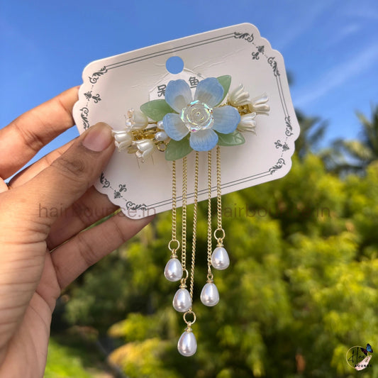 Crystal Rose Petal Pearl Tassel Hair Clip with Dangling Chains
