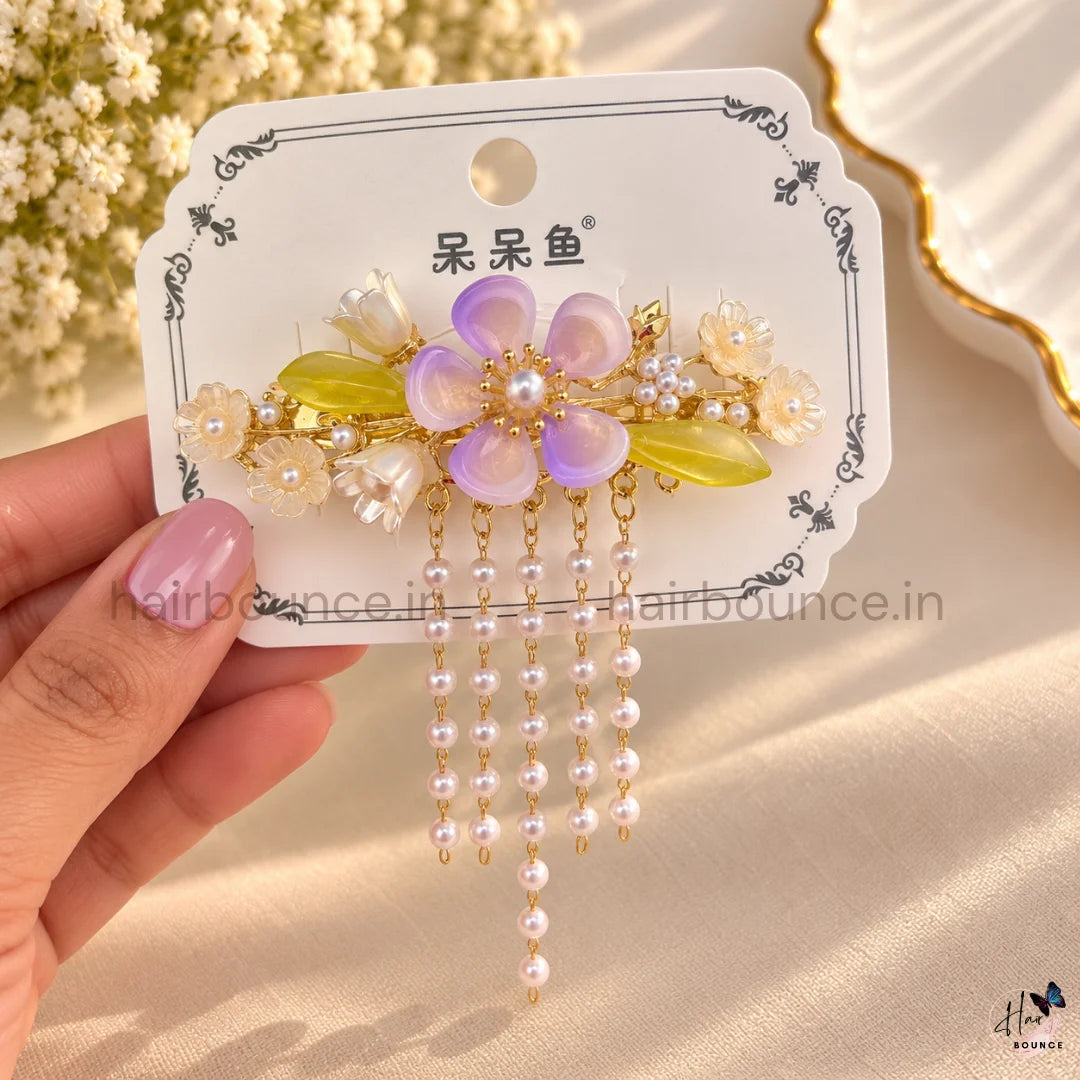 Enchanted Bloom Floral Hair Clip with Pearl Hangings