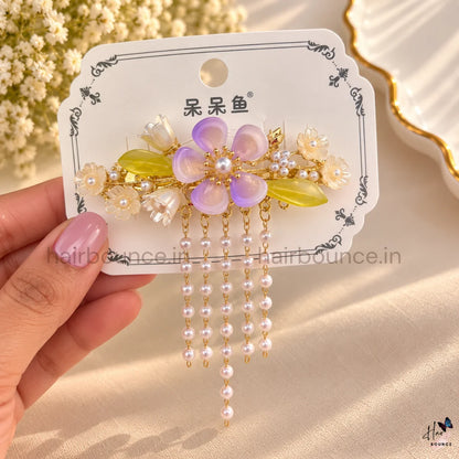 Enchanted Bloom Floral Hair Clip with Pearl Hangings