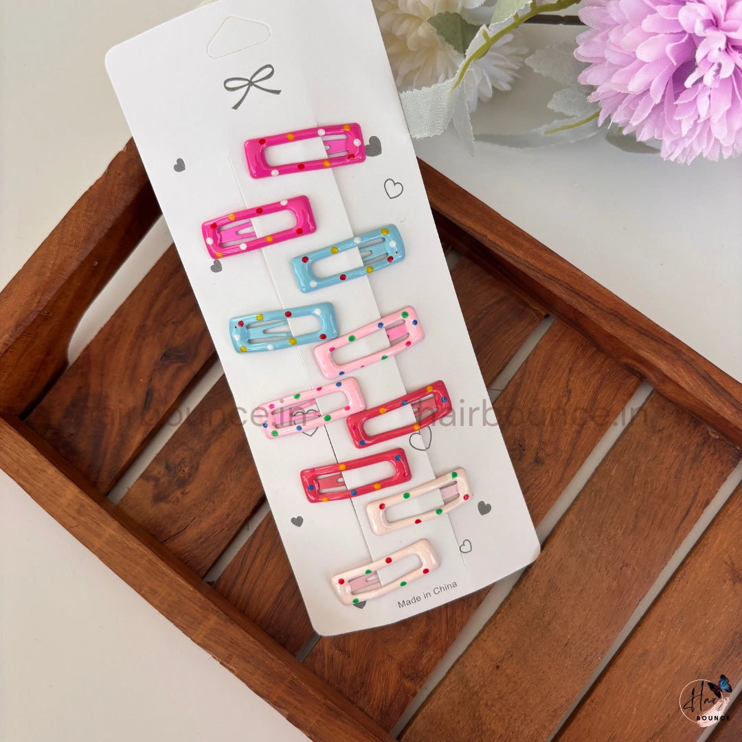 Candy Dot Rectangle Hair Clips – Colorful Polka Matte Snap Pins (Pack of 10) for Girls & Kids