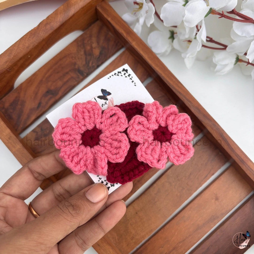 Handmade Crochet Floral Tic Tac Hair Clips – Pack of 2 Knitted Flower Hair Clips for Girls & Kids