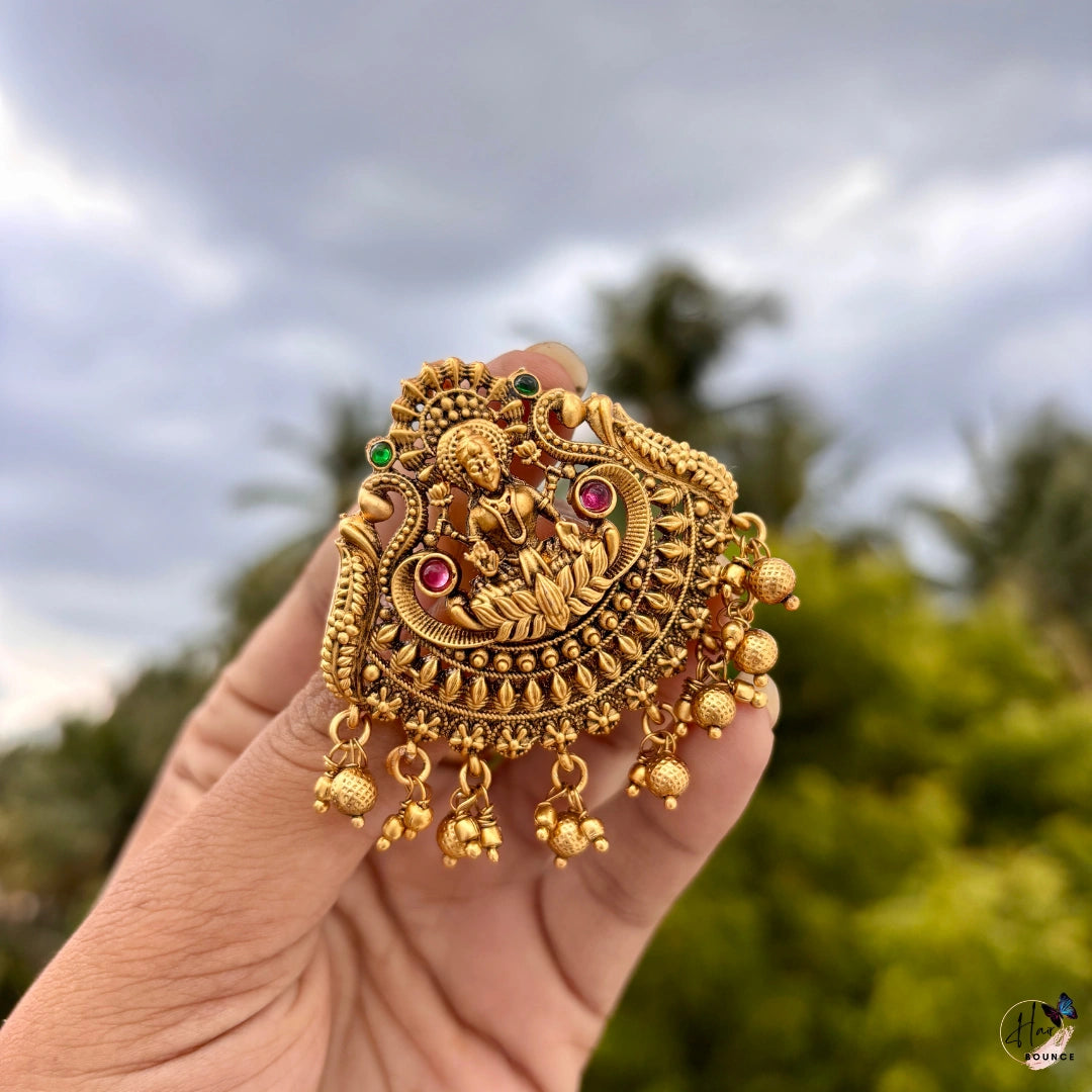 Lakshmi Peacock Antique Jada Billa with Gold Bead Hangings