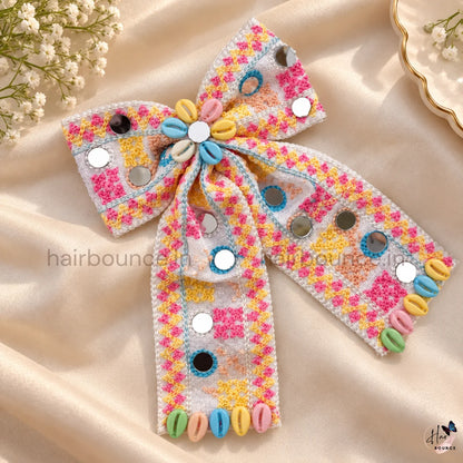 Navaratri Multicolour Mirror Work Hair Bow with Cowrie Shells