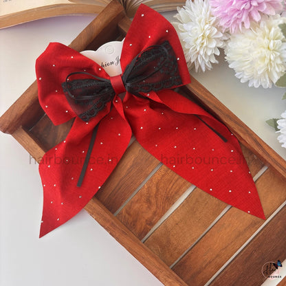 Luxe Rhinestone Lace Ribbon Bow Hair Clip