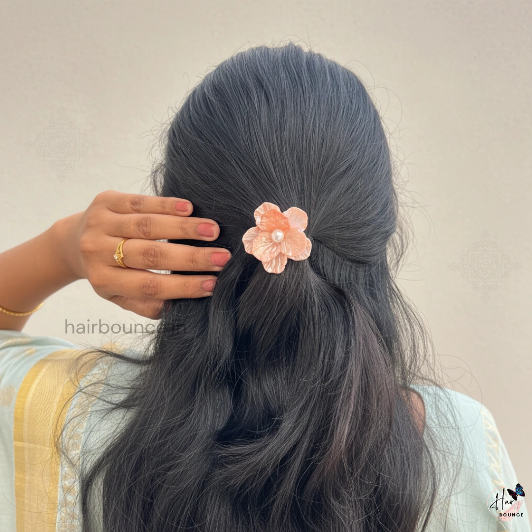 Peach Glow Pearl Flower Hair Tie