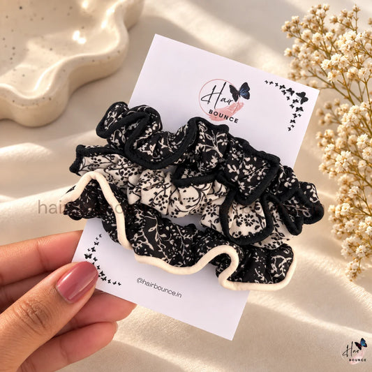 Monochrome Floral Scrunchie Hair Tie
