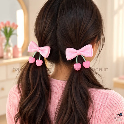 Pink Polka Dot Cherry Bow Hair Rubber Bands – Pack of 2