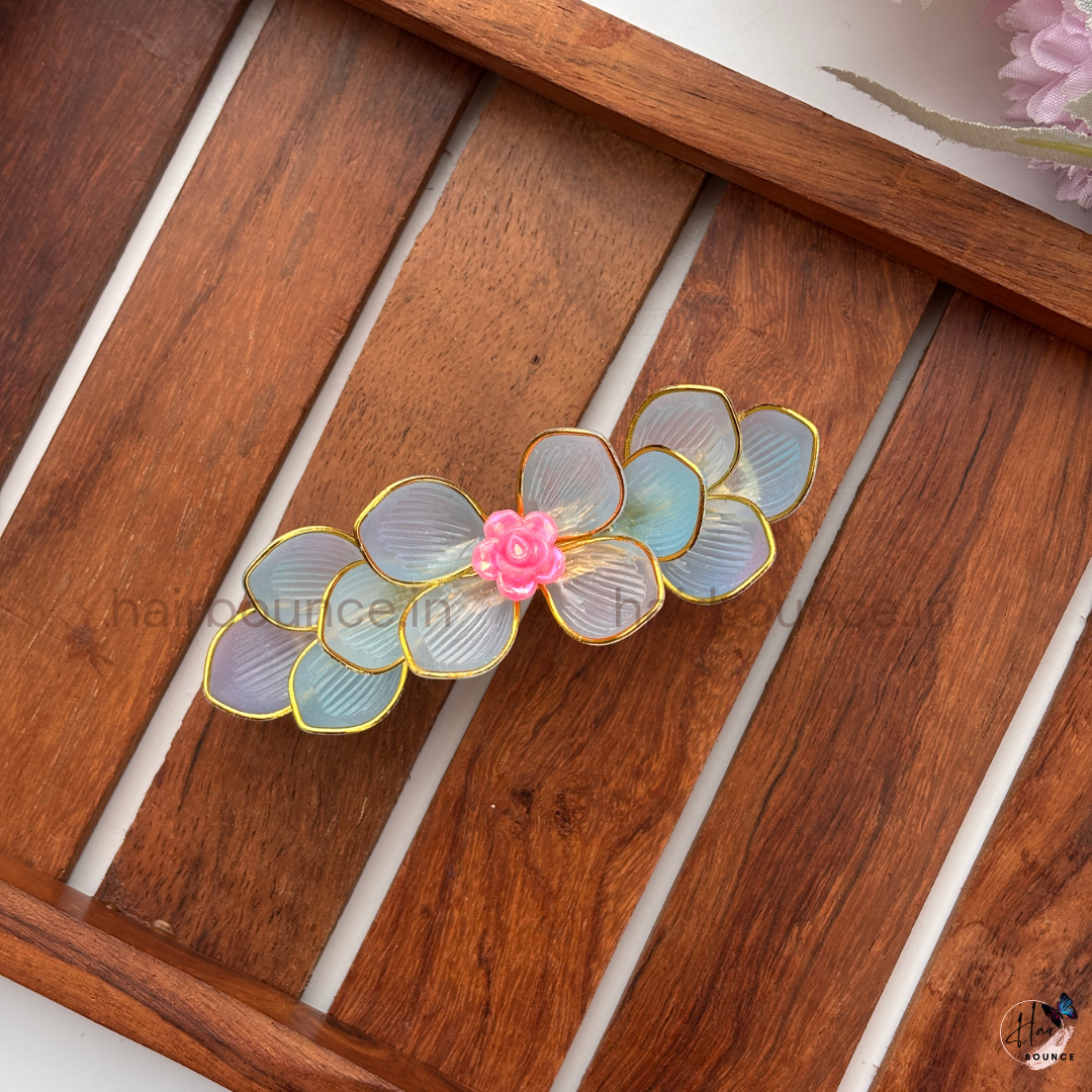 Blush Petal Bloom Center Hair Clip – Iridescent Blue & Pink Rose