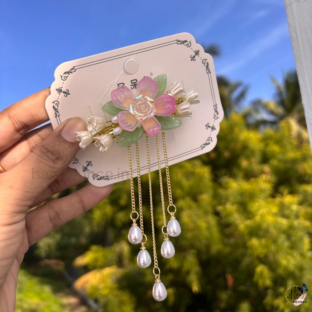 Crystal Rose Petal Pearl Tassel Hair Clip with Dangling Chains