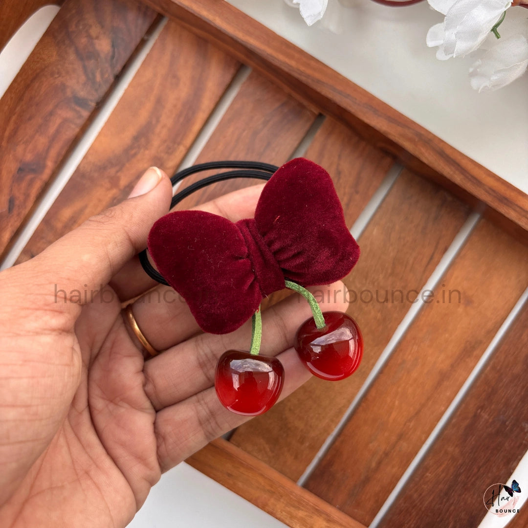 Velvet Cherry Bow Hair Tie - Maroon