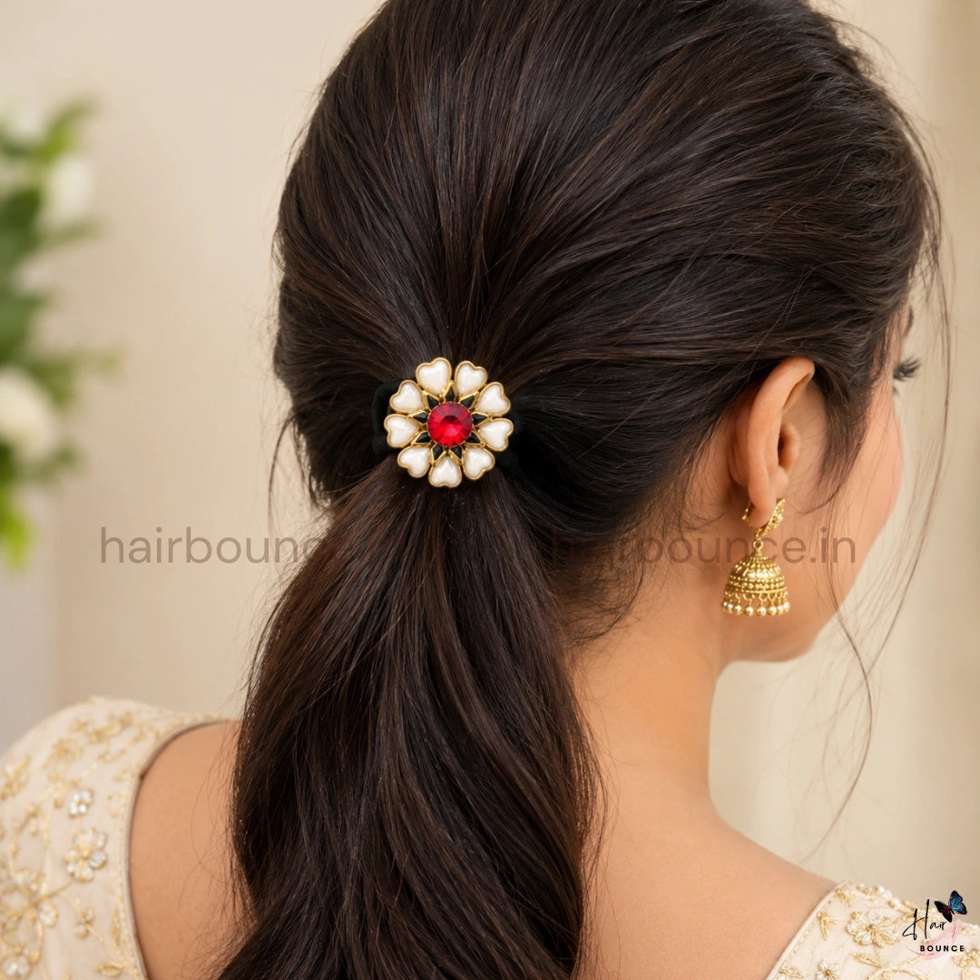 Floral Kundan Hair Tie with Red Stone & Pearl Petals